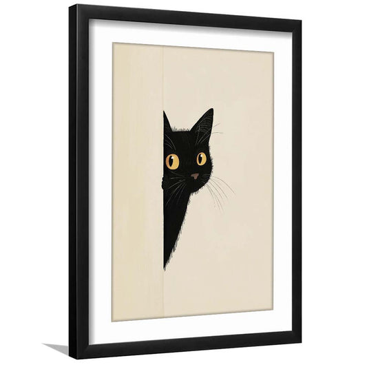 Abstract Black Cat Drawing, Minimalist, Boho Home Decor, Animal Sketch Wall Decor, Framed Art Print, White Border
