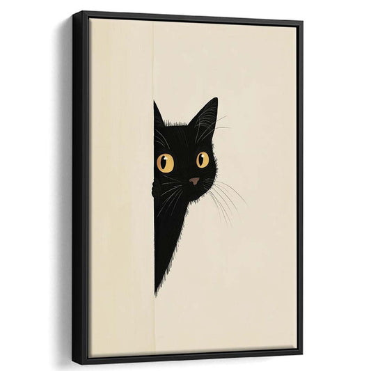 Abstract Black Cat Drawing, Minimalist, Boho Home Decor, Animal Sketch Wall Decor, Framed Canvas Print, Floating Frame