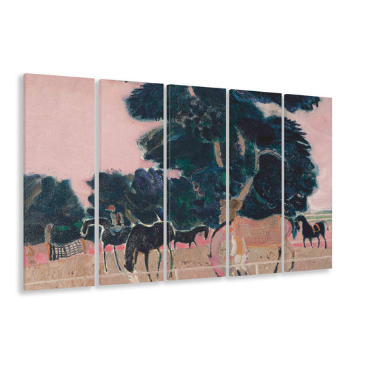 Abstract Equestrian 5 Panels Canvas Print Wall Art, Vintage Landscape Oil Painting Cottage Core Horse Lover Gift
