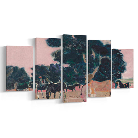Abstract Equestrian Mixed Canvas Print Wall Art, Vintage Landscape Oil Painting Cottage Core Horse Lover Gift