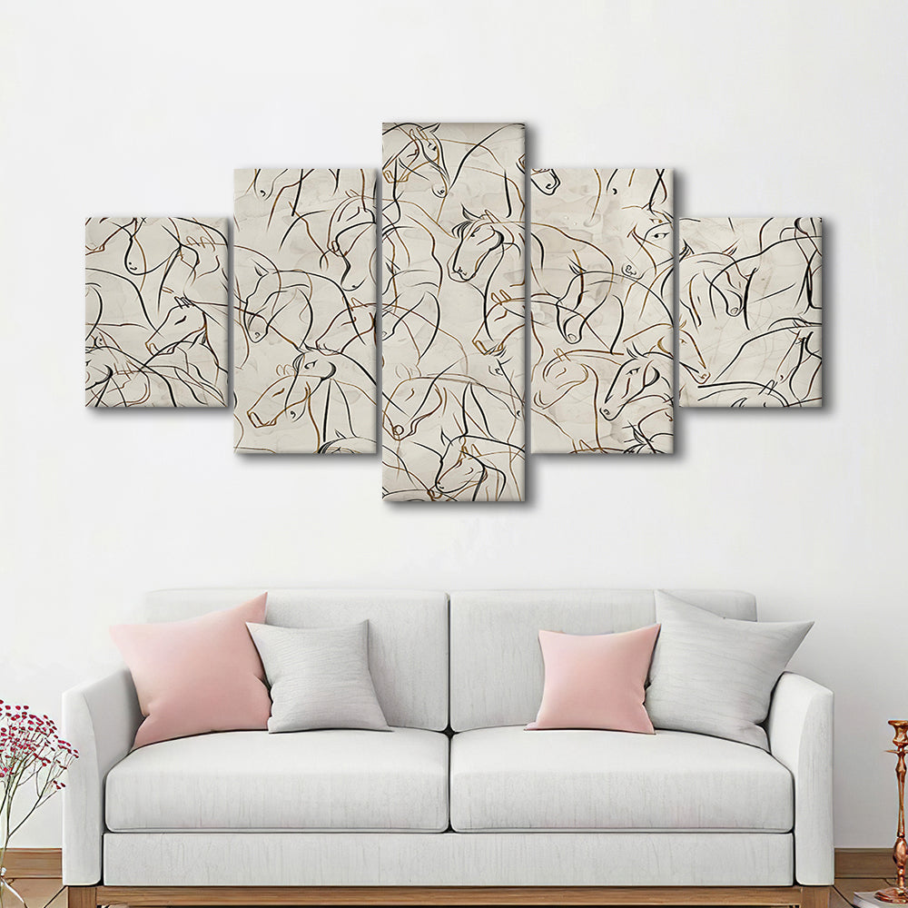 Abstract Horses Sketch Art Minimalist Equestrian Line Art Mixed Canvas Print Wall Art, Neutral Wall Art Decor