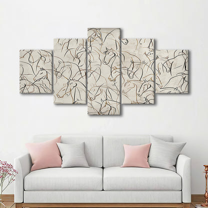 Abstract Horses Sketch Art Minimalist Equestrian Line Art Mixed Canvas Print Wall Art, Neutral Wall Art Decor