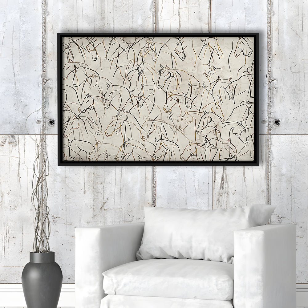 Abstract Horses Sketch Art Minimalist Equestrian Line Art Framed Canvas Print Wall Art, Neutral Wall Art Decor