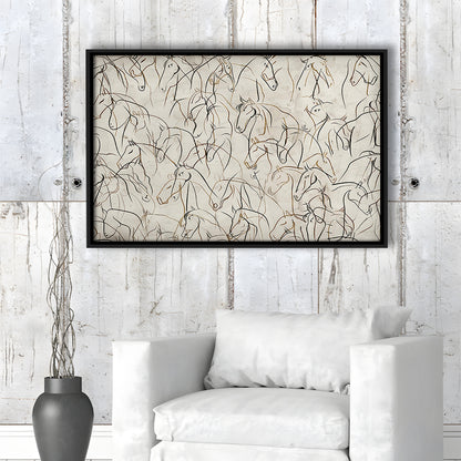 Abstract Horses Sketch Art Minimalist Equestrian Line Art Framed Canvas Print Wall Art, Neutral Wall Art Decor