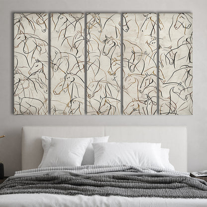 Abstract Horses Sketch Art Minimalist Equestrian Line Art 5 Panels Canvas Print Wall Art, Neutral Wall Art Decor