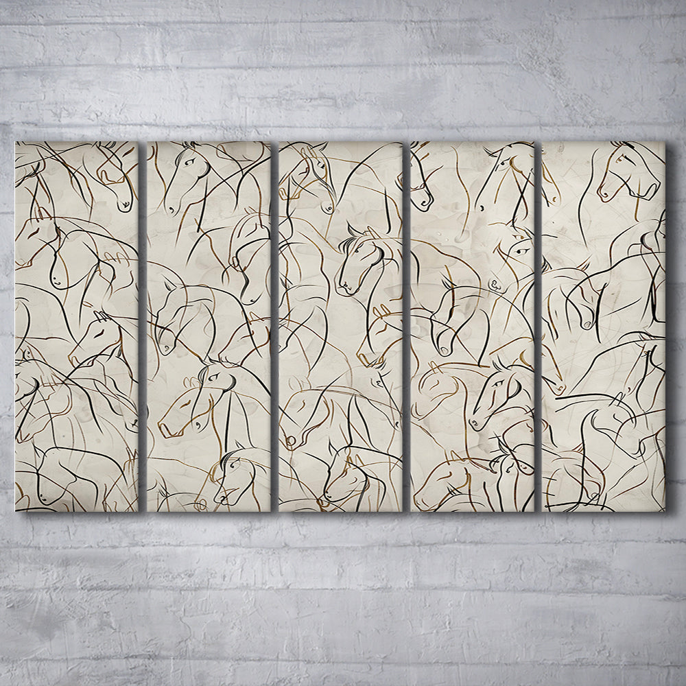 Abstract Horses Sketch Art Minimalist Equestrian Line Art 5 Panels Canvas Print Wall Art, Neutral Wall Art Decor