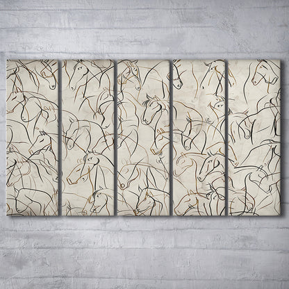 Abstract Horses Sketch Art Minimalist Equestrian Line Art 5 Panels Canvas Print Wall Art, Neutral Wall Art Decor