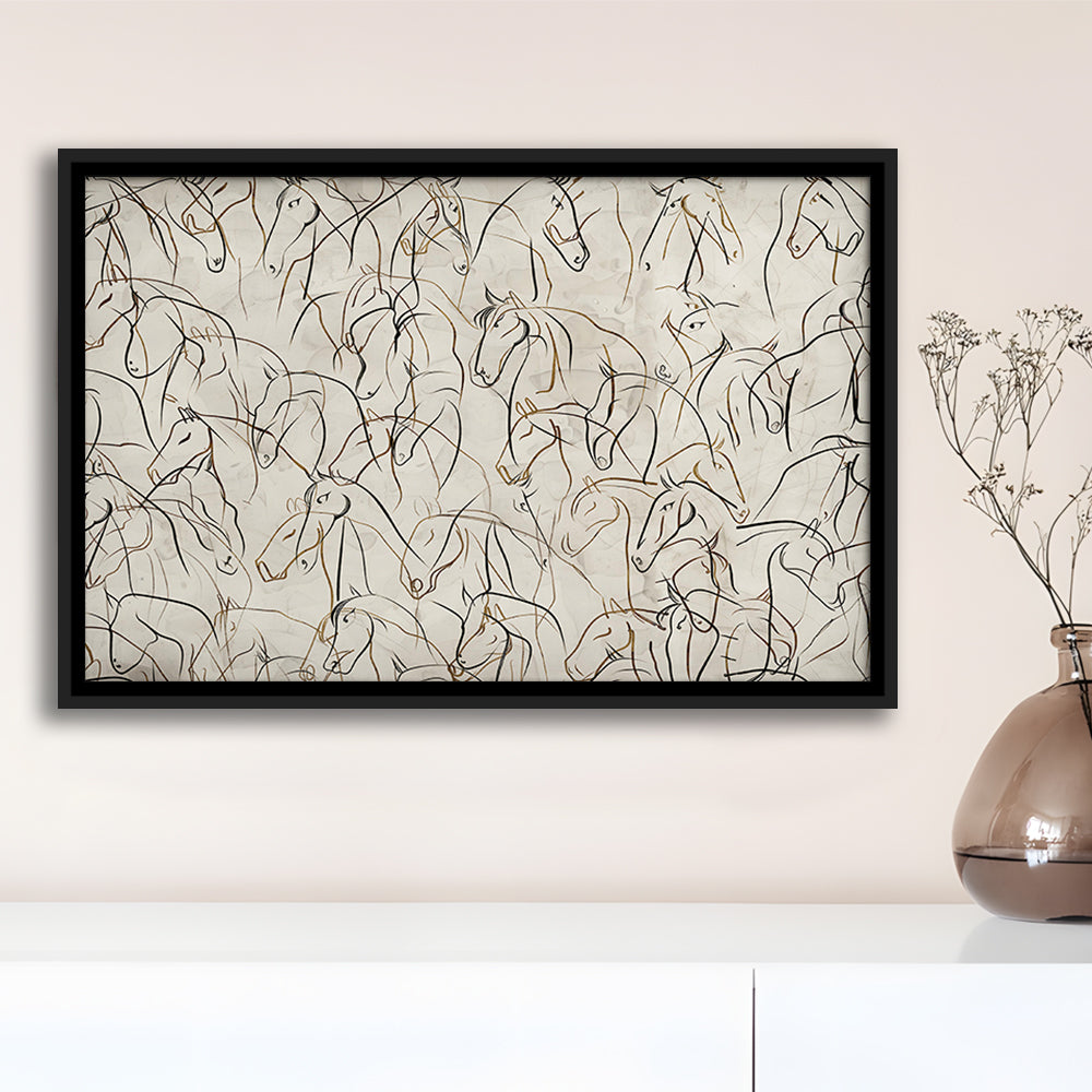Abstract Horses Sketch Art Minimalist Equestrian Line Art Framed Canvas Print Wall Art, Neutral Wall Art Decor