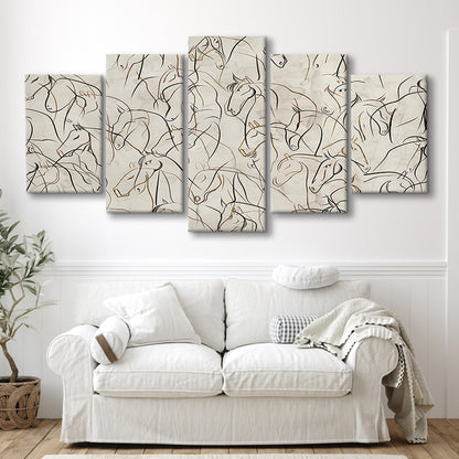 Abstract Horses Sketch Art Minimalist Equestrian Line Art Mixed Canvas Print Wall Art, Neutral Wall Art Decor
