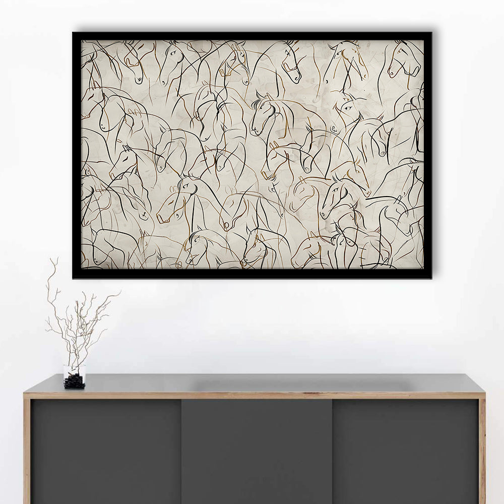 Abstract Horses Sketch Art Minimalist Equestrian Line Art Framed Art Print Wall Decor, Neutral Wall Art Decor