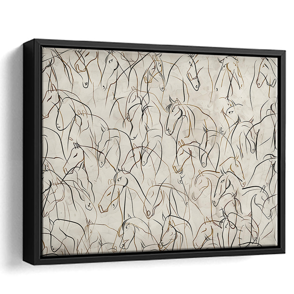 Abstract Horses Sketch Art Minimalist Equestrian Line Art Framed Canvas Print Wall Art, Neutral Wall Art Decor
