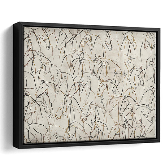 Abstract Horses Sketch Art Minimalist Equestrian Line Art Framed Canvas Print Wall Art, Neutral Wall Art Decor