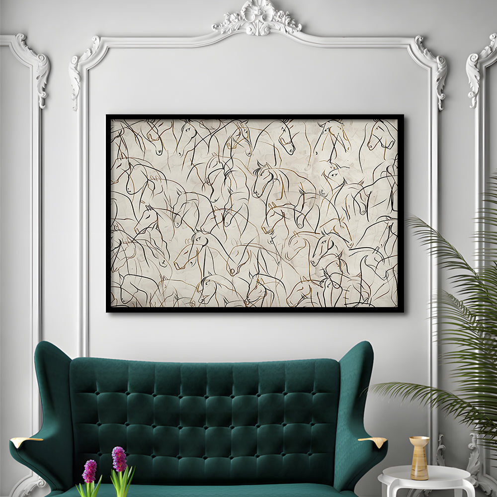 Abstract Horses Sketch Art Minimalist Equestrian Line Art Framed Art Print Wall Decor, Neutral Wall Art Decor