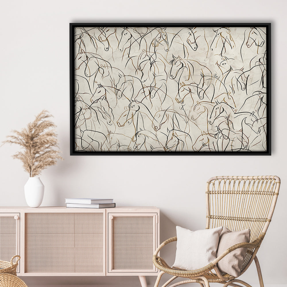 Abstract Horses Sketch Art Minimalist Equestrian Line Art Framed Canvas Print Wall Art, Neutral Wall Art Decor