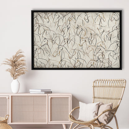 Abstract Horses Sketch Art Minimalist Equestrian Line Art Framed Canvas Print Wall Art, Neutral Wall Art Decor