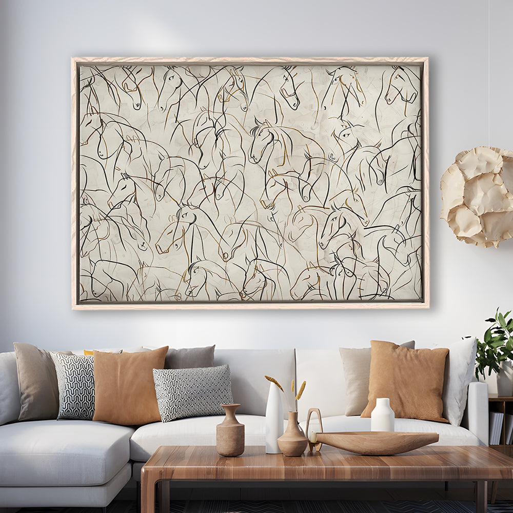 Abstract Horses Sketch Art Minimalist Equestrian Line Art Framed Canvas Print Wall Art, Neutral Wall Art Decor