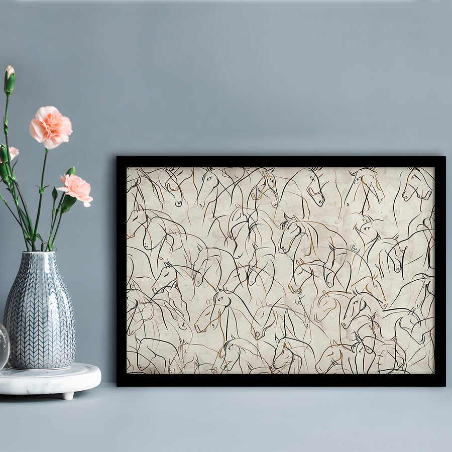 Abstract Horses Sketch Art Minimalist Equestrian Line Art Framed Art Print Wall Decor, Neutral Wall Art Decor
