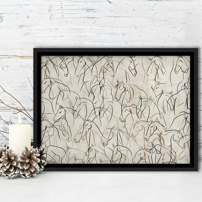 Abstract Horses Sketch Art Minimalist Equestrian Line Art Framed Canvas Print Wall Art, Neutral Wall Art Decor