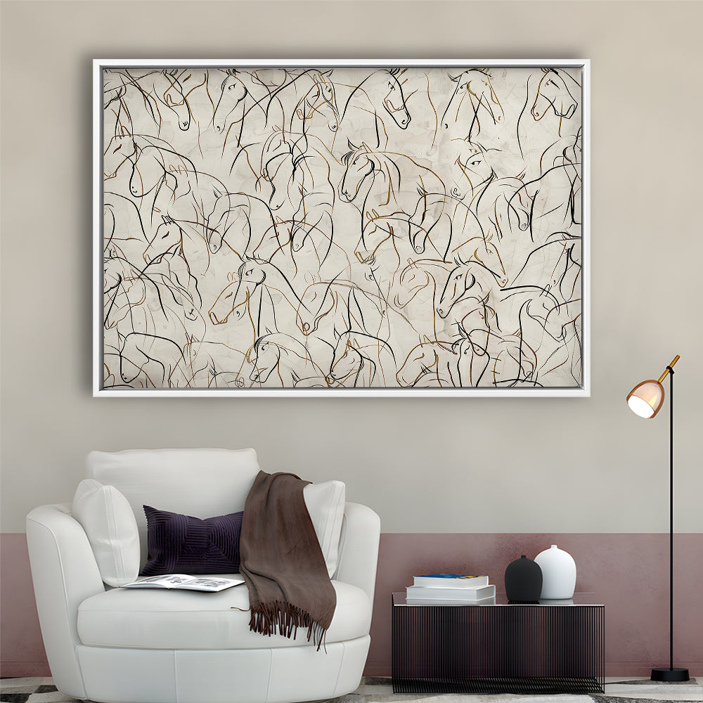 Abstract Horses Sketch Art Minimalist Equestrian Line Art Framed Canvas Print Wall Art, Neutral Wall Art Decor
