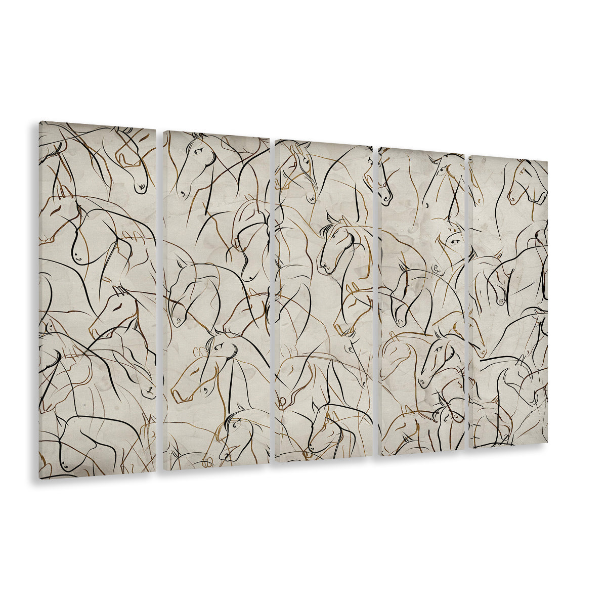 Abstract Horses Sketch Art Minimalist Equestrian Line Art 5 Panels Canvas Print Wall Art, Neutral Wall Art Decor
