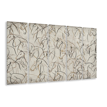 Abstract Horses Sketch Art Minimalist Equestrian Line Art 5 Panels Canvas Print Wall Art, Neutral Wall Art Decor