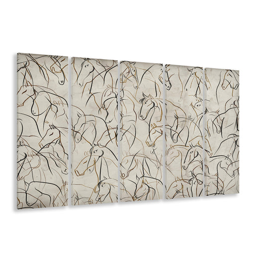 Abstract Horses Sketch Art Minimalist Equestrian Line Art 5 Panels Canvas Print Wall Art, Neutral Wall Art Decor