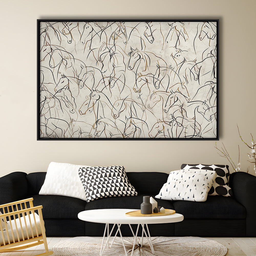 Abstract Horses Sketch Art Minimalist Equestrian Line Art Framed Canvas Print Wall Art, Neutral Wall Art Decor
