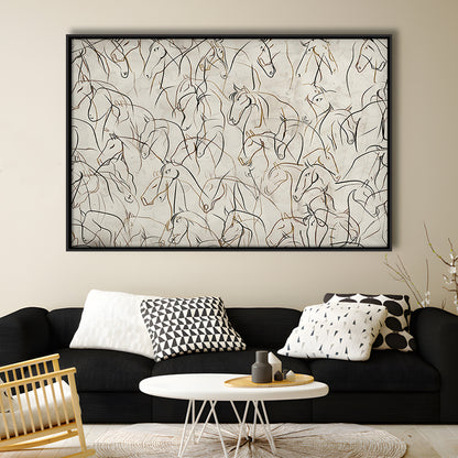 Abstract Horses Sketch Art Minimalist Equestrian Line Art Framed Canvas Print Wall Art, Neutral Wall Art Decor