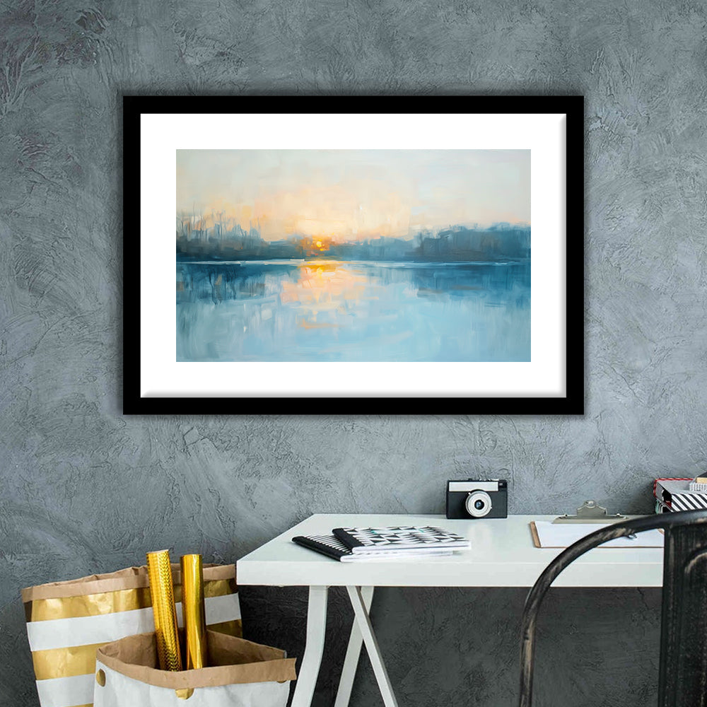 Abstract The Sunrise Reflection On The Water, Framed  Print, Painting Art, Framed Art Print White Border Wall Decor