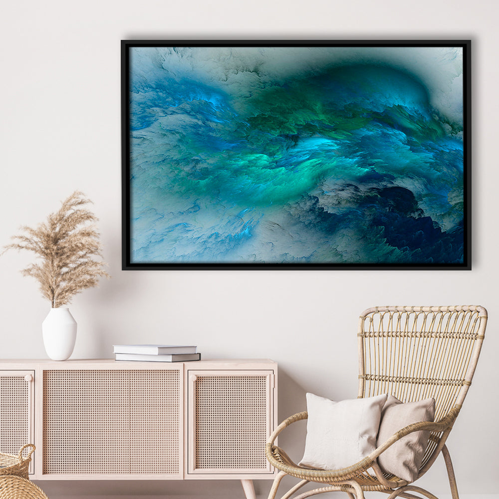 Abstract Clouds Turquoise Mable Cloud Painting, Framed Canvas Print Wall Art, Floating Frame