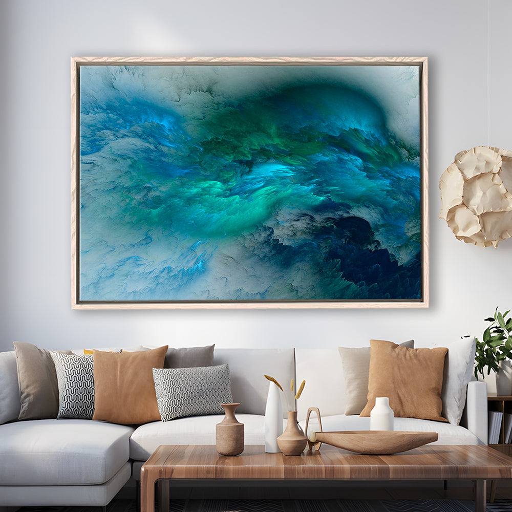 Abstract Clouds Turquoise Mable Cloud Painting, Framed Canvas Print Wall Art, Floating Frame