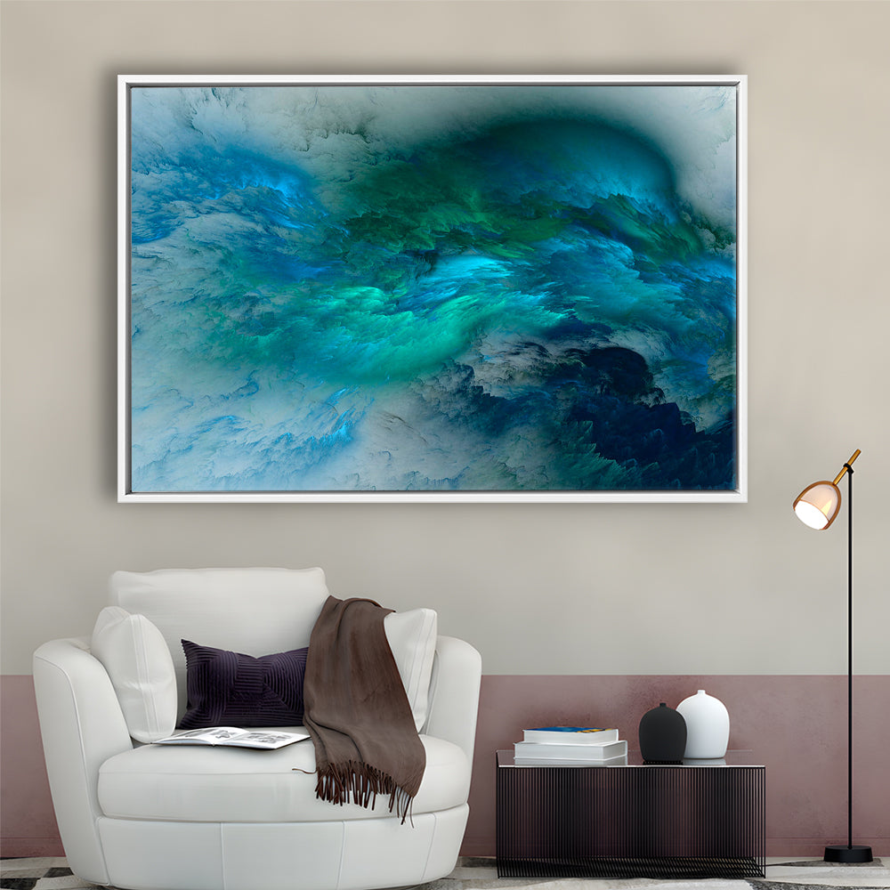 Abstract Clouds Turquoise Mable Cloud Painting, Framed Canvas Print Wall Art, Floating Frame