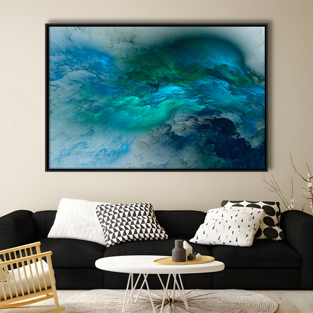 Abstract Clouds Turquoise Mable Cloud Painting, Framed Canvas Print Wall Art, Floating Frame