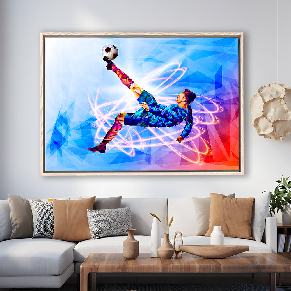 Abstract Soccer Modern Blue Color Print, Gift For Him, Framed Canvas Print Wall Art, Floating Frame