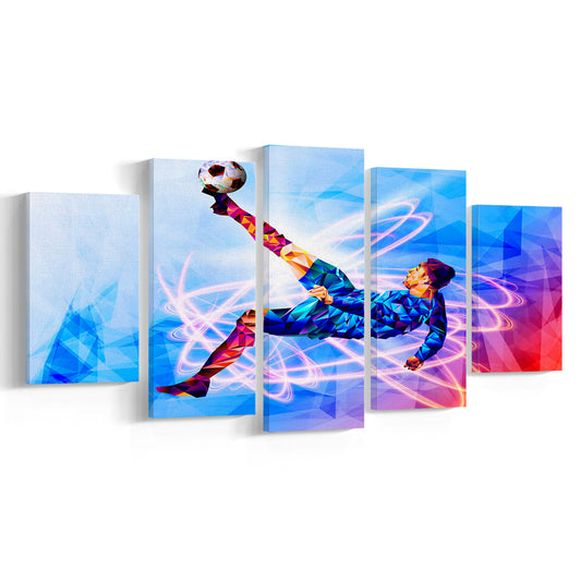 Abstract soccer Modern blue color print, Gift for him, 5 Panel Mixed Canvas Print Wall Art, Large Canvas