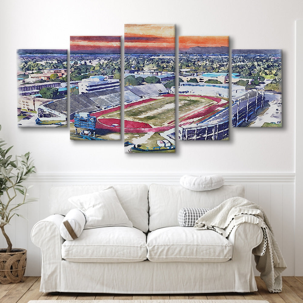 Ace W Mumford Painting Stadium Watercolor, Baton Rouge Louisiana, Sport Art, Mixed 5 Panel, Canvas Print Wall Art
