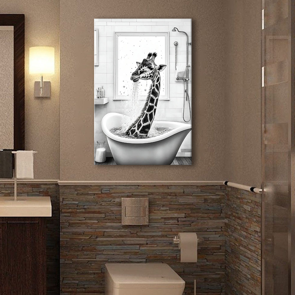 Adorable giraffe in Tub Printable Canvas Prints Wall Art, Bathroom kids art, Bathroom wall decor