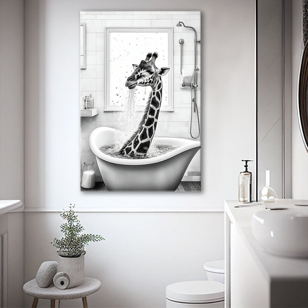 Adorable giraffe in Tub Printable Canvas Prints Wall Art, Bathroom kids art, Bathroom wall decor