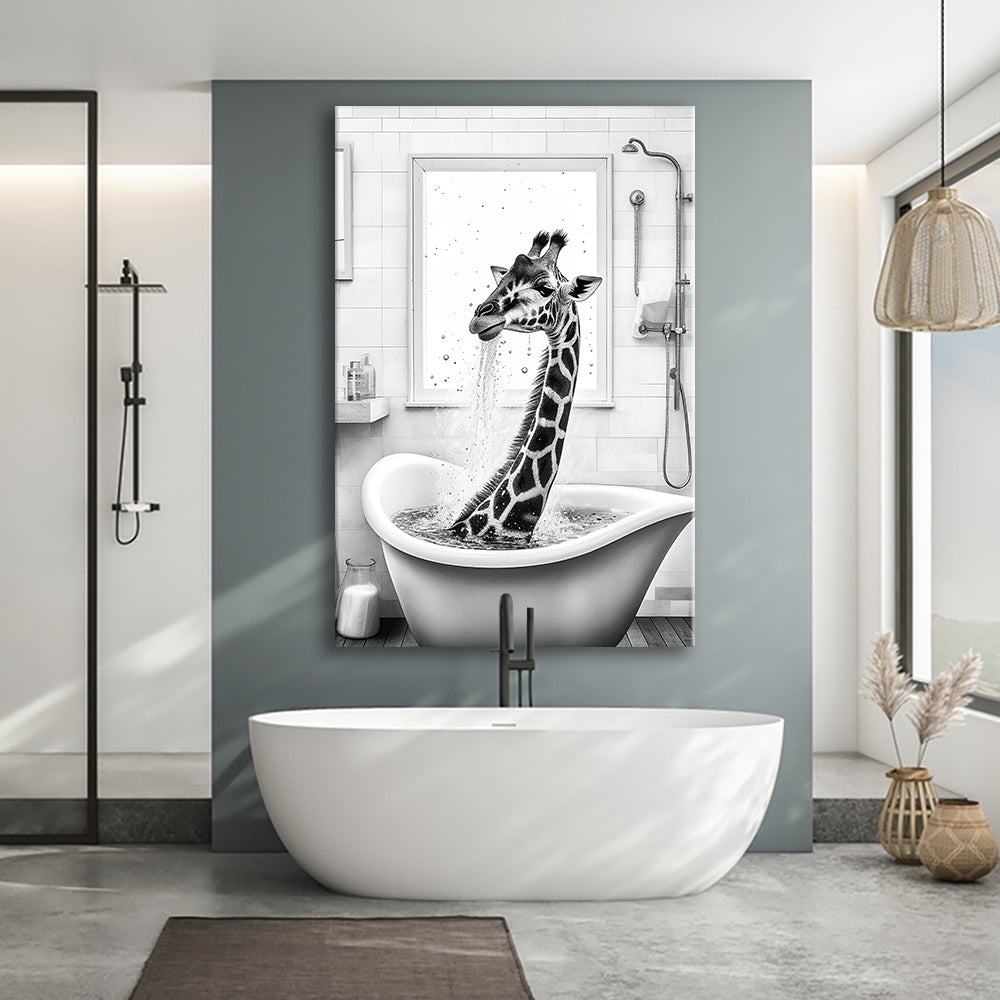 Adorable giraffe in Tub Printable Canvas Prints Wall Art, Bathroom kids art, Bathroom wall decor