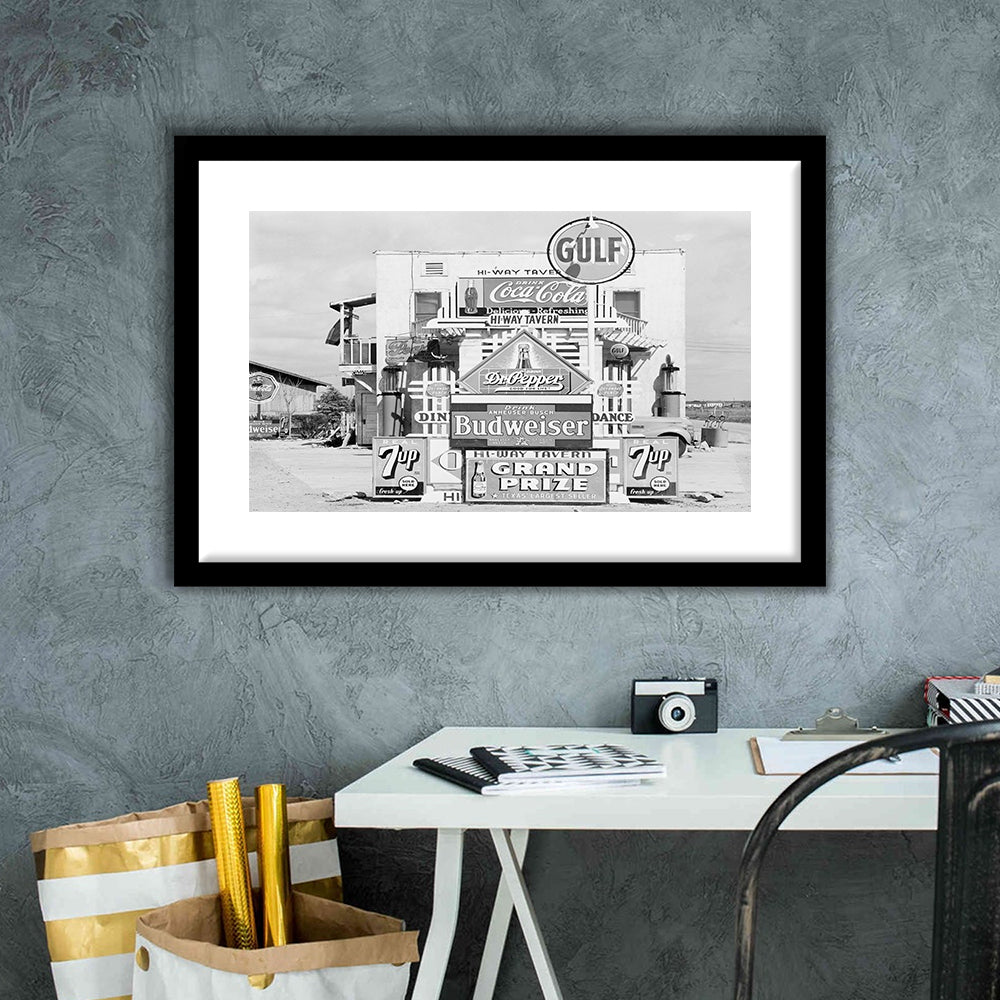Advertising Sign Black and White Art Gas Station and Restaurant, Framed Art Print White Border Wall Decor