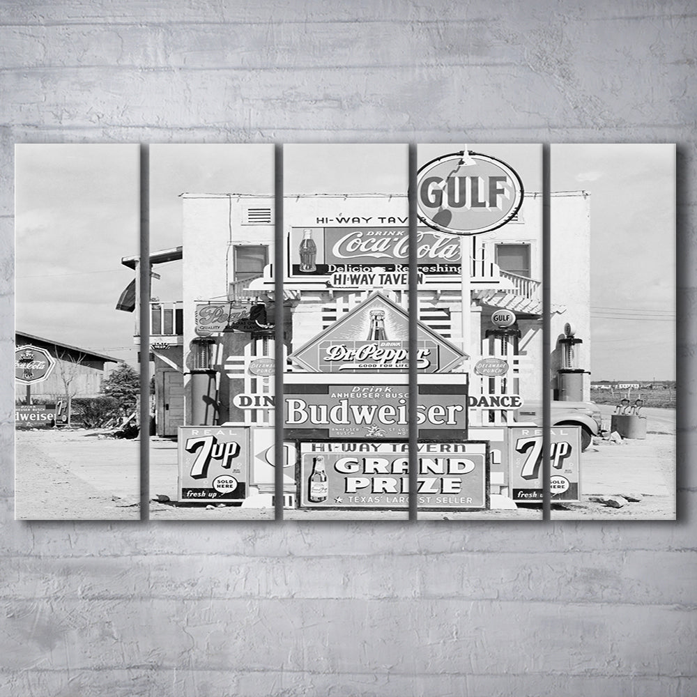 Advertising Sign Black and White Art Gas Station and Restaurant, 5 Pieces Large Canvas Print