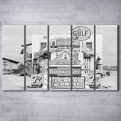 Advertising Sign Black and White Art Gas Station and Restaurant, 5 Pieces Large Canvas Print
