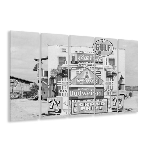Advertising Sign Black and White Art Gas Station and Restaurant, 5 Pieces Large Canvas Print