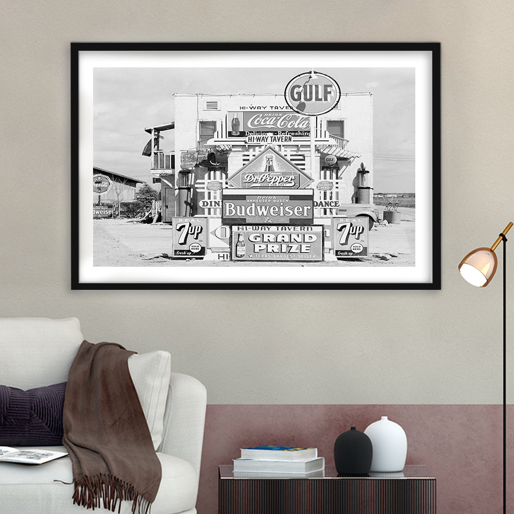 Advertising Sign Black and White Art Gas Station and Restaurant, Framed Art Print White Border Wall Decor