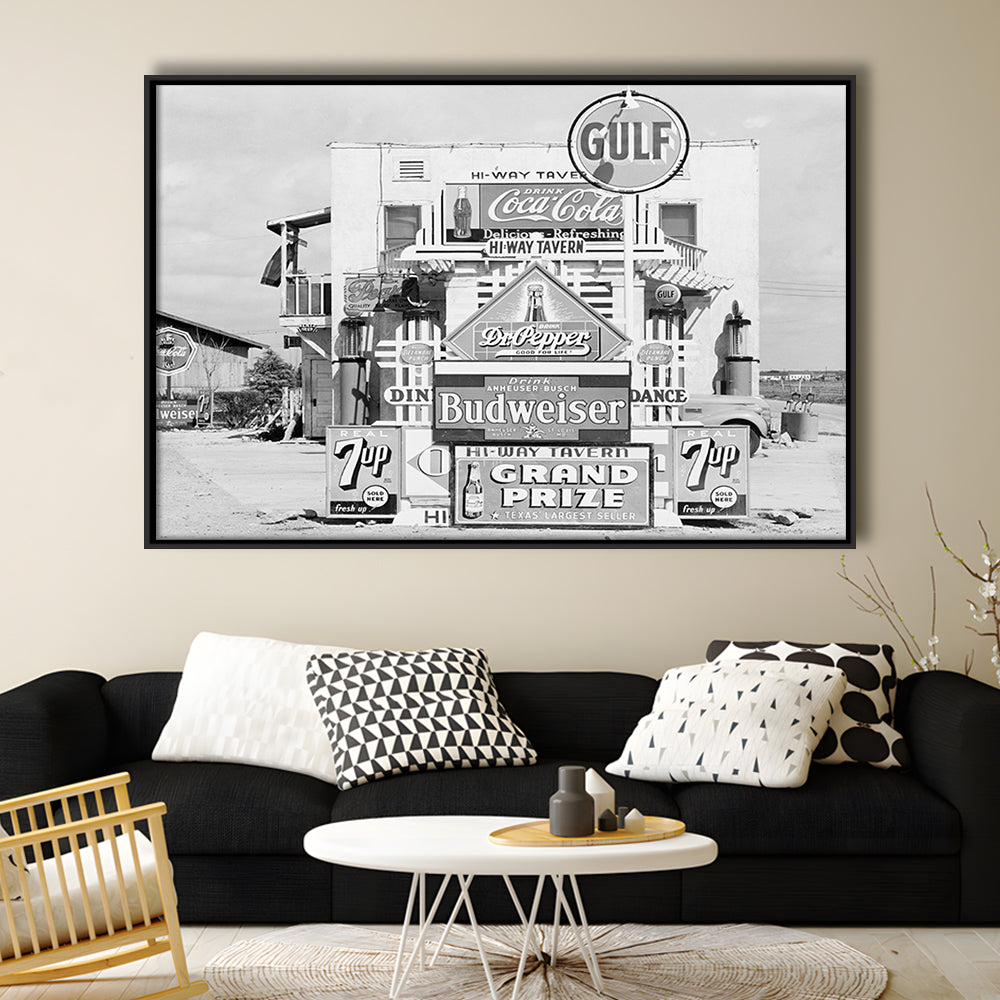 Advertising Sign Black and White Art Gas Station and Restaurant, Floating Framed Canvas Print