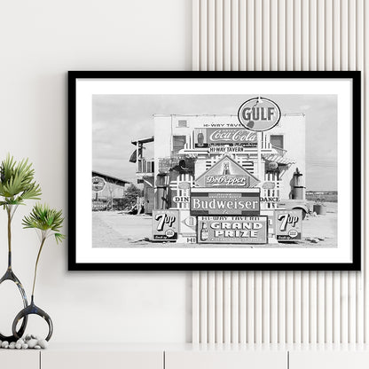 Advertising Sign Black and White Art Gas Station and Restaurant, Framed Art Print White Border Wall Decor