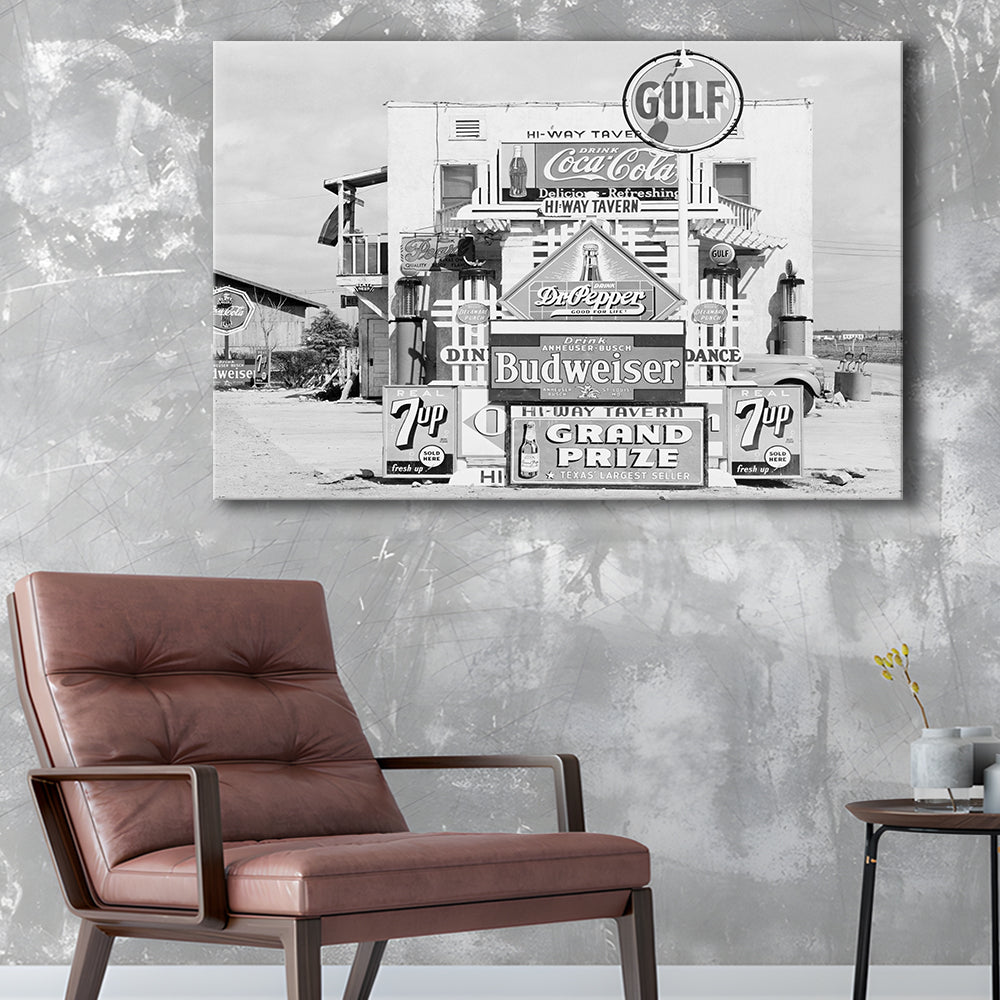 Advertising Sign Black and White Art Gas Station and Restaurant, Canvas Print Wall Art Decor