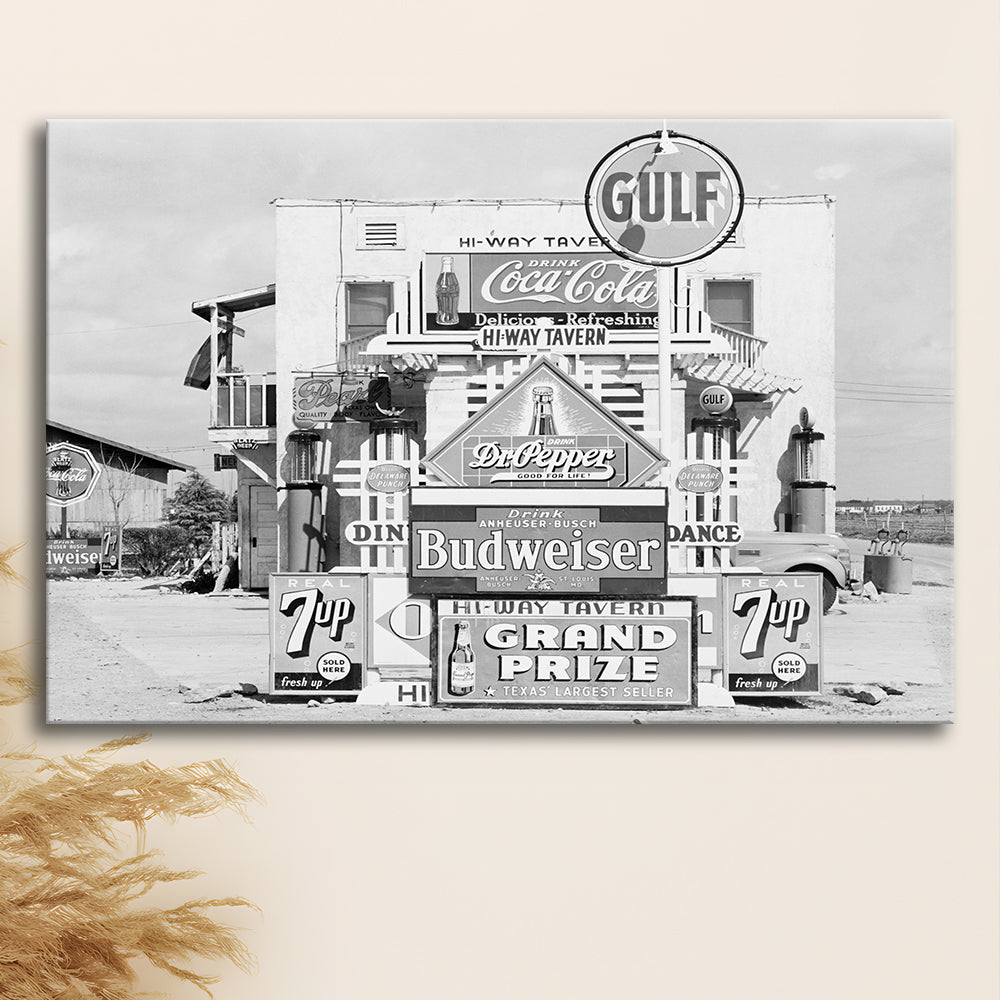 Advertising Sign Black and White Art Gas Station and Restaurant, Canvas Print Wall Art Decor
