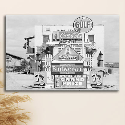 Advertising Sign Black and White Art Gas Station and Restaurant, Canvas Print Wall Art Decor
