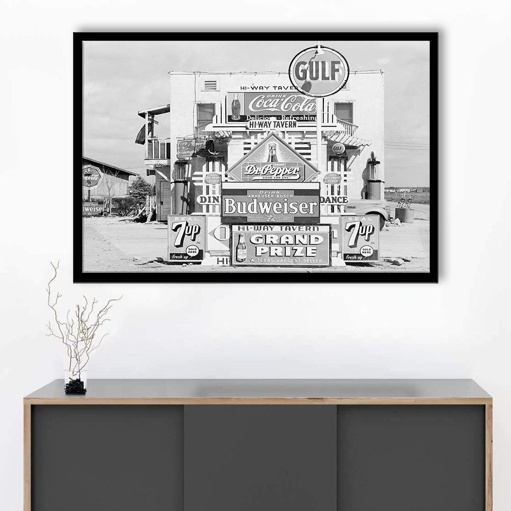 Advertising Sign Black and White Art Gas Station and Restaurant, Framed Art Print Wall Decor